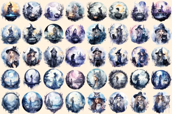 Moon Witches Watercolor Clipart Bundle - 260+ transparent PNG, Fantasy mystical images, Magical fairytale, Commercial use, Digital download