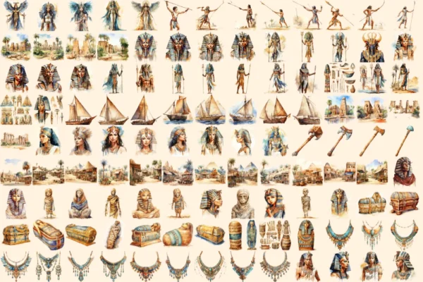 Ancient Egypt Watercolor Clipart Bundle - 770+ transparent PNG, Egyptian illustrations, Pharaohs graphics, Commercial use, Digital download