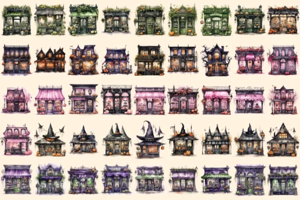 Halloween Storefronts Watercolor Clipart Bundle - 310+ transparent PNG, Haunted store graphics, Spooky png, Commercial use, Digital download