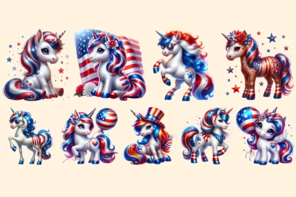 4th of July Unicorns PNG Clipart Collection - 33 PNG, Patriotic unicorn graphics, Festive printables, Commercial use, Digital download
