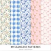 Grandmillennial Seamless Patterns, Chinoiserie JPEG, Pastel floral pattern, Stripes and plaid repeating pattern, Digital scrapbook paper