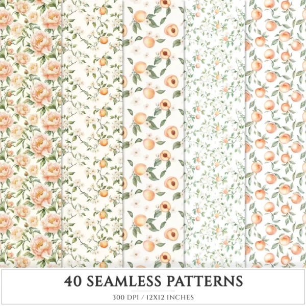 Peach Blush Summer Seamless Patterns, Cottagecore JPEG, Floral summertime pattern, Peony flowers repeating pattern, Digital scrapbook paper