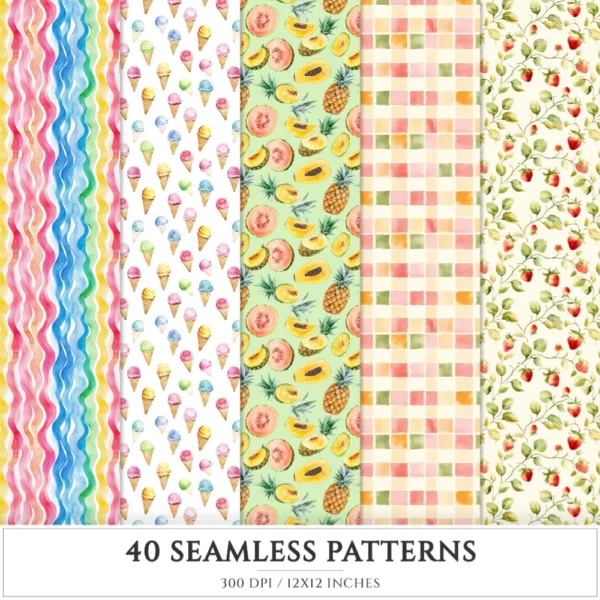 Fruit Fiesta Seamless Patterns, Colorful summer JPEG, Summer candies pattern, Mixed fruits repeating pattern, Digital scrapbook paper