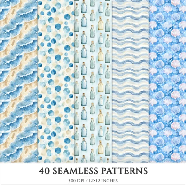 Ocean Breath Seamless Patterns, Summer Beach JPEG, Footprints trail pattern, Coral, Ocean waves repeating pattern, Digital scrapbook paper