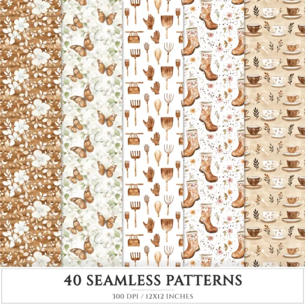 Mocha Spring Seamless Patterns, Cottage spring JPEG, Calla lily pattern, Mushroom, Spring flowers repeating pattern, Digital scrapbook paper