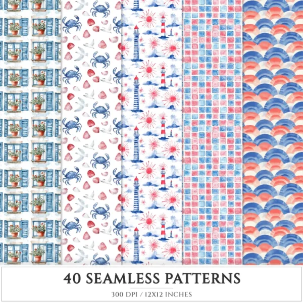 French Riviera Seamless Patterns, Summer beach JPEG, Sea pebble pattern, Shells, Seagull, Seaside repeating pattern, Digital scrapbook paper