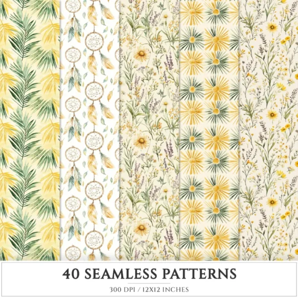 Boho Summer Seamless Patterns, Bohemian beachwear JPEG, Feathers pattern, Tropical, Wildflower repeating pattern, Digital scrapbook paper