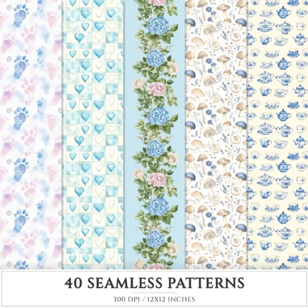Modern Alice Seamless Patterns, Fairytale alice JPEG, Cottagecore pattern, Rabbit, Fantasy, Roses repeating pattern, Digital scrapbook paper