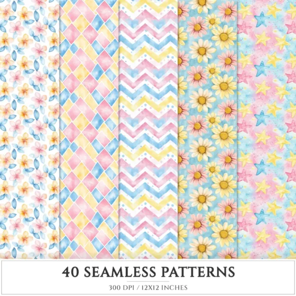 Spring Promenade Seamless Patterns, Spring JPEG, Cherry blossoms pattern, daisies, tulips, Floral repeating pattern, Digital scrapbook paper