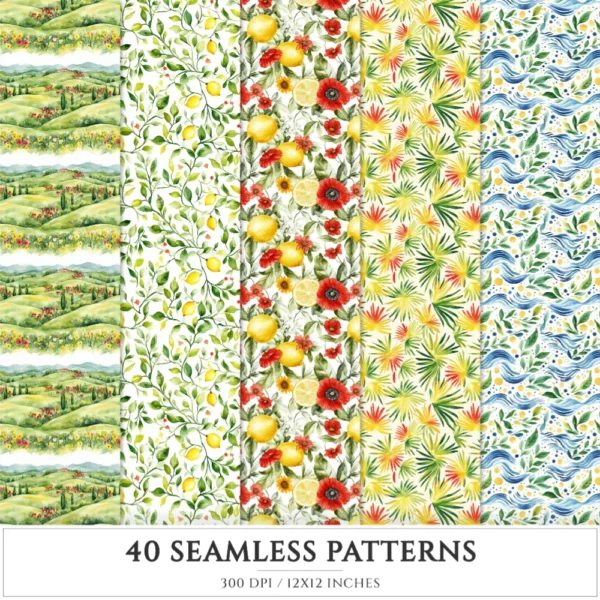 Italian Vibes Seamless Patterns, Mediterranean summer JPEG, Lemon motifs pattern, Italian tiles repeating pattern, Digital scrapbook paper