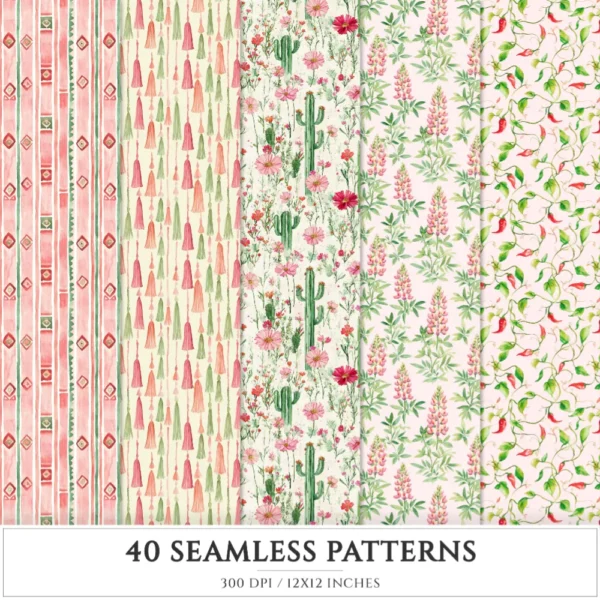 Viva Mexico Seamless Patterns, Cinco de Mayo JPEG, Pinata & cactus pattern, Guitar, Tequila repeating pattern, Digital scrapbook paper