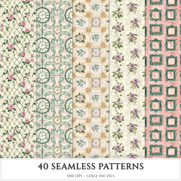 Velvet Reverie Seamless Patterns, Vintage Fashion JPEG, Pink pastel rose pattern, Emerald, Antique repeating pattern,Digital scrapbook paper