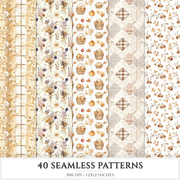 September End Seamless Patterns, Cozy autumn JPEG, Maple and pumpkin pattern, Plaid, Knitted cozy repeating pattern, Digital scrapbook paper