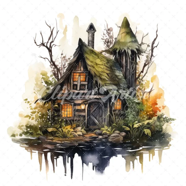 20 High-Quality Swamp Witch Houses Clipart - Witch houses digital watercolor JPG instant download for commercial use - Digital download