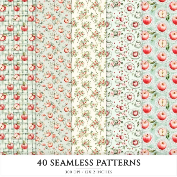 Falling Apples Seamless Patterns, Cozy autumn JPEG, Apples pattern, Pie, Leaves, Apple Gingham repeating pattern, Digital scrapbook paper