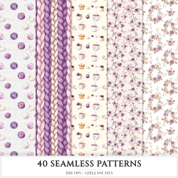 Plum Mood Seamless Patterns, Cozy autumn JPEG, Mushroom pattern, Floral, Plaid, Autumn leaves repeating pattern, Digital scrapbook paper