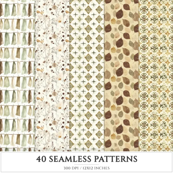 Autumn Gallery Seamless Patterns, Chic fall JPEG, Botanical pattern, Pumpkin, Falling leaves repeating pattern, Digital scrapbook paper