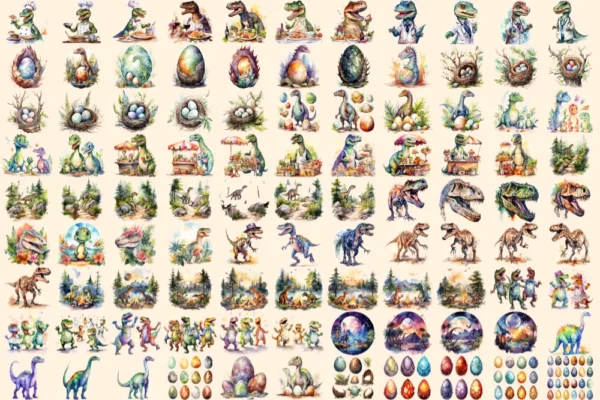 Dinosaurs Watercolor Clipart Bundle - 690+ transparent PNG, Dino graphics, Ancient dinosaur creature png, Commercial use, Digital download