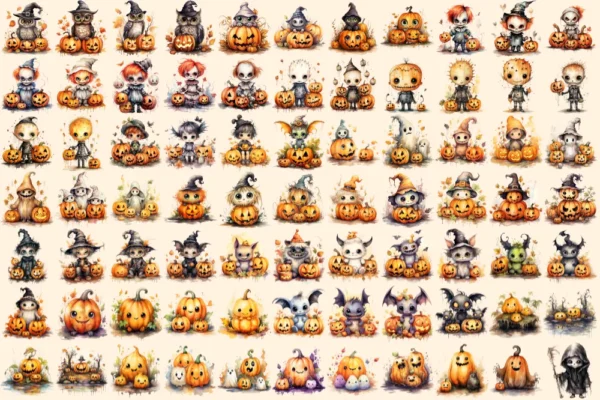 Little Monsters Watercolor Clipart Bundle - 500+ transparent PNG, Eerie graphics, Cute halloween creatures, Commercial use, Digital download