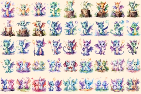Baby Dragons Watercolor Clipart Bundle - 310+ transparent PNG, Dreamy fairytale images, Charming storybook, Commercial use, Digital download