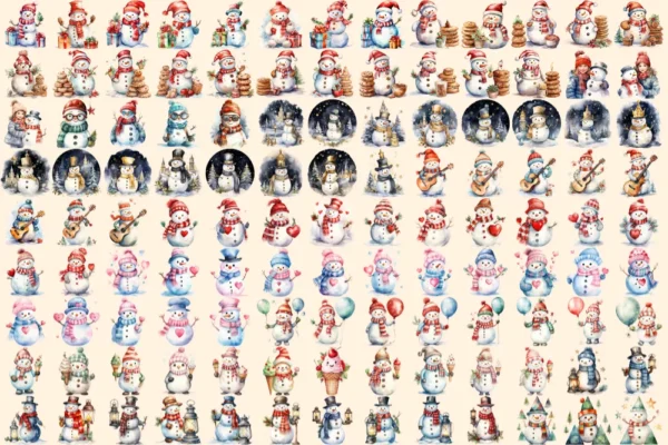 Snowman Watercolor Clipart Bundle - 755+ transparent PNG, Snowman illustrations, Delightful winter snowman, Commercial use, Digital download