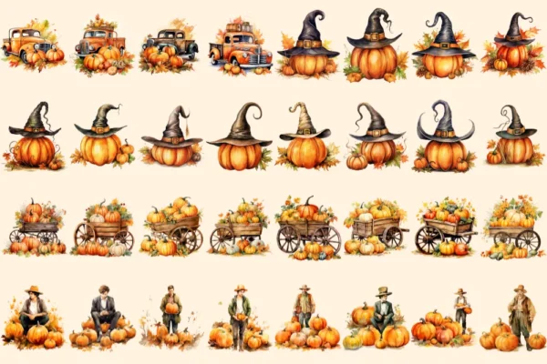 Pumpkin Watercolor Clipart Bundle - 205+ transparent PNG, Autumn pumpkin illustrations, Halloween art png, Commercial use, Digital download