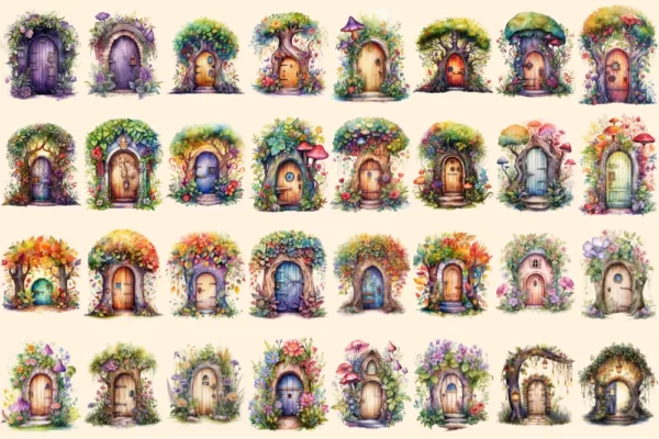 Forest Fairy Doors Watercolor Clipart Bundle - 210+ transparent PNG, Whimsical storybook png, Forest doors, Commercial use, Digital download