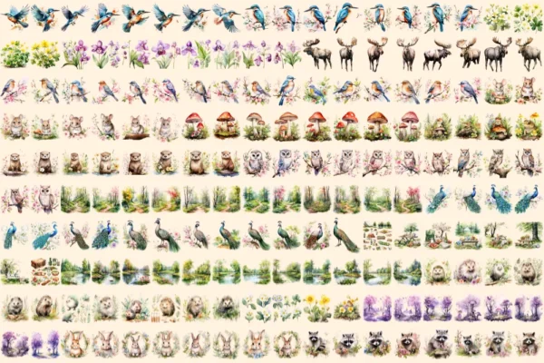 Spring Woodland Watercolor Clipart Bundle - 1185+ transparent PNG, Spring forest graphics, Warm nature png, Commercial use, Digital download