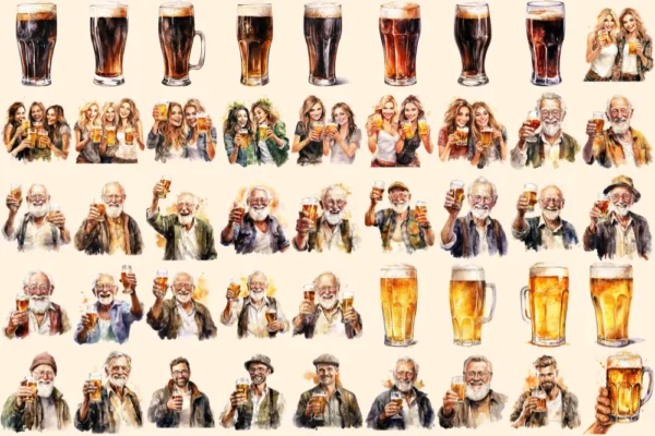 Beer Watercolor Clipart Bundle - 305+ transparent PNG, Craft beer illustrations, Lager and ale png images, Commercial use, Digital download