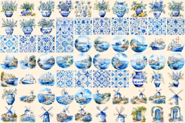 Mediterranean Watercolor Clipart Bundle - 460+ transparent PNG, Bright beach graphics, Olives clipart png, Commercial use, Digital download