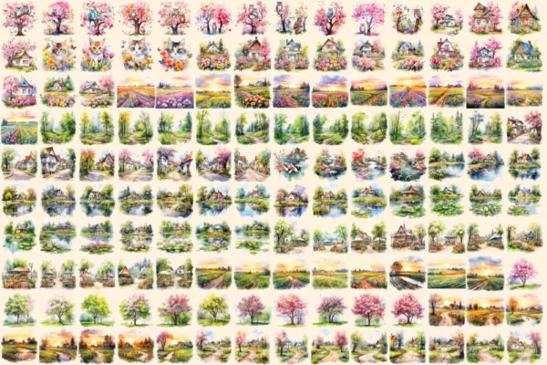 Spring Landscapes Watercolor Clipart Bundle - 927+ transparent PNG, Beautiful landscape images, Nature png, Commercial use, Digital download