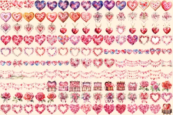 Valentine's Day Watercolor Clipart Bundle - 1000+ transparent PNG, Charming heart illustrations, Love png, Commercial use, Digital download