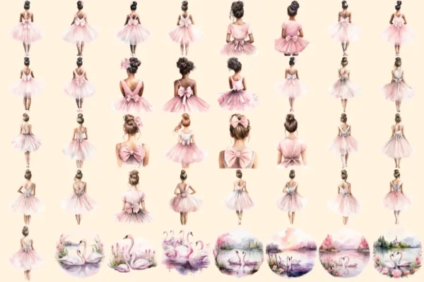 Ballerina Watercolor Clipart Bundle - 273+ transparent PNG, Ballet dancer illustrations, Swan lake images, Commercial use, Digital download