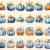 Blue Fall Watercolor Clipart Bundle - 205+ transparent PNG, Autumn harvest graphics, Rustic pumpkin floral, Commercial use, Digital download