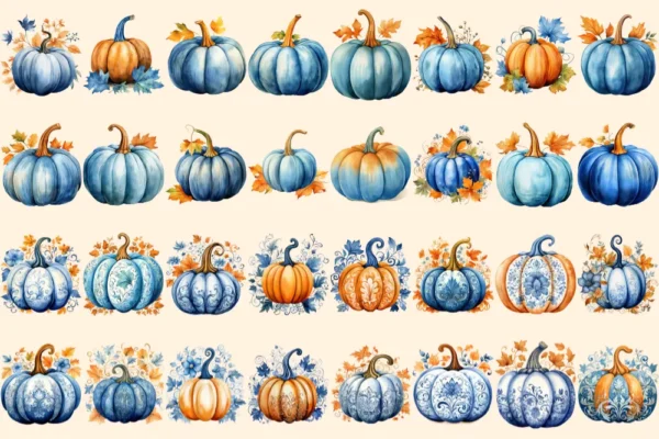 Blue Fall Watercolor Clipart Bundle - 205+ transparent PNG, Autumn harvest graphics, Rustic pumpkin floral, Commercial use, Digital download