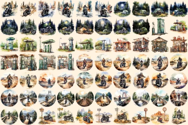 Bikers Watercolor Clipart Bundle - 480+ transparent PNG, Road warrior enthusiast illustrations, Motorbike, Commercial use, Digital download