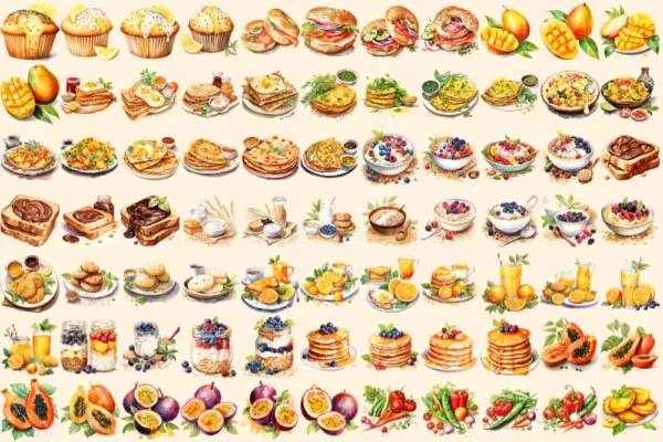 Breakfast Foods Watercolor Clipart Bundle - 500+ transparent PNG, Breakfast plate graphics, Early meal png, Commercial use, Digital download