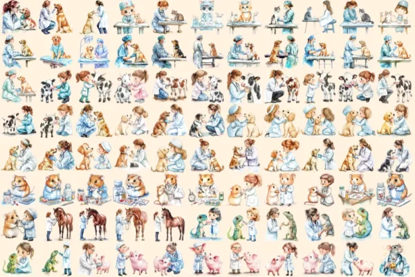 Veterinary Watercolor Clipart Bundle - 600+ transparent PNG, Veterinary care illustrations, Pet health png, Commercial use, Digital download