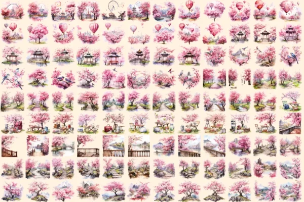 Cherry Blossoms Watercolor Clipart Bundle - 750+ transparent PNG, Japanese flower graphics, Sakura flowers, Commercial use, Digital download