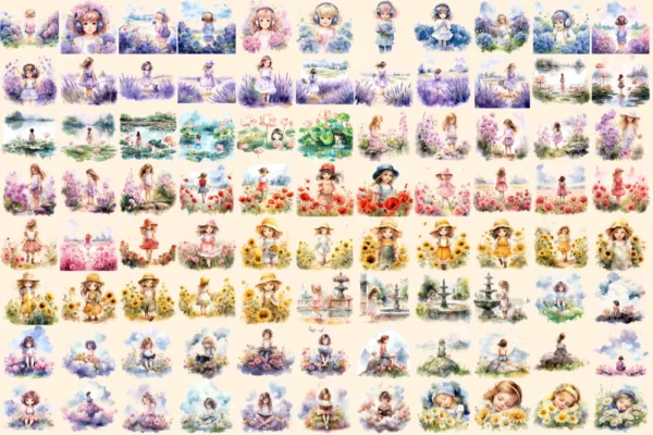 Little Flower Girls Watercolor Clipart Bundle - 590+ transparent PNG, Cute floral girl png, Cute artwork, Commercial use, Digital download