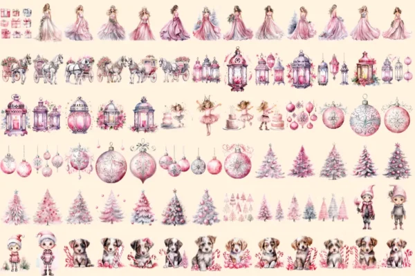 Pink & Silver Christmas Watercolor Clipart Bundle - 503+ transparent PNG, Xmas winter images, Festive png, Commercial use, Digital download