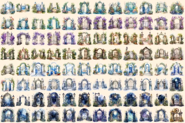 Garden Gates Watercolor Clipart Bundle - 660+ transparent PNG, Whimsical doorway illustrations, Door png, Commercial use, Digital download