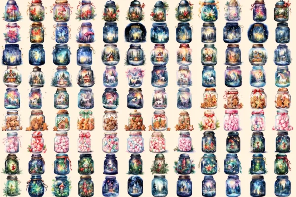 Christmas Magical Jars Watercolor Clipart Bundle - 710+ transparent PNG, Holiday jar png, Festive jar art, Commercial use, Digital download