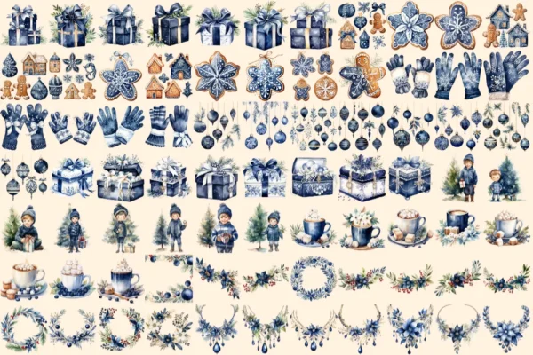 Navy Christmas Watercolor Clipart Bundle - 510+ transparent PNG, Festive decor graphics, Blue holiday png, Commercial use, Digital download