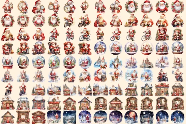 Santa Claus Watercolor Clipart Bundle - 750+ transparent PNG, Cheerful santa illustrations, Holiday images, Commercial use, Digital download