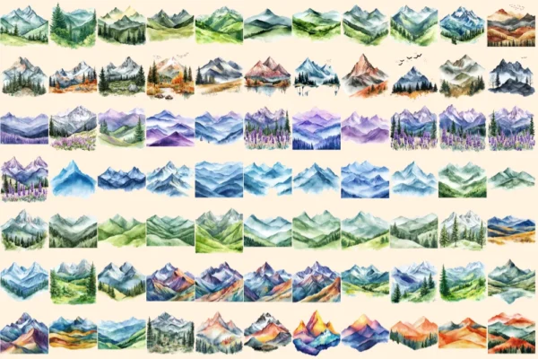 Mountain Landscapes Watercolor Clipart Bundle - 503+ transparent PNG, Majestic mountain images, Alpine png, Commercial use, Digital download
