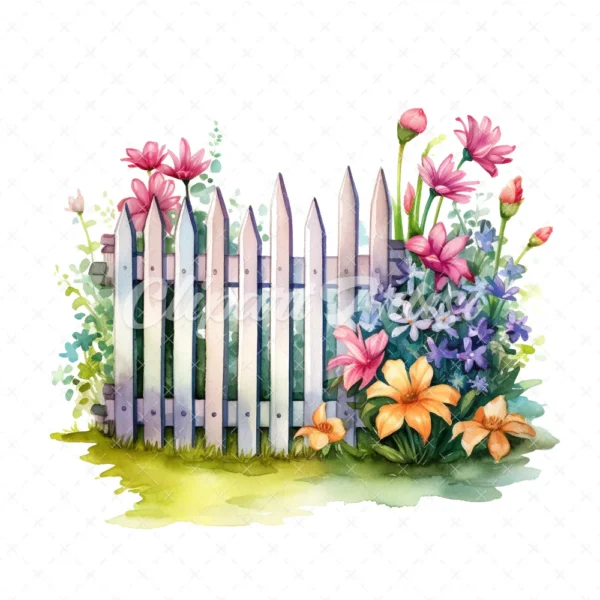 20 High-Quality Picket Fences Clipart - Picket fences digital watercolor JPG instant download for commercial use - Digital download