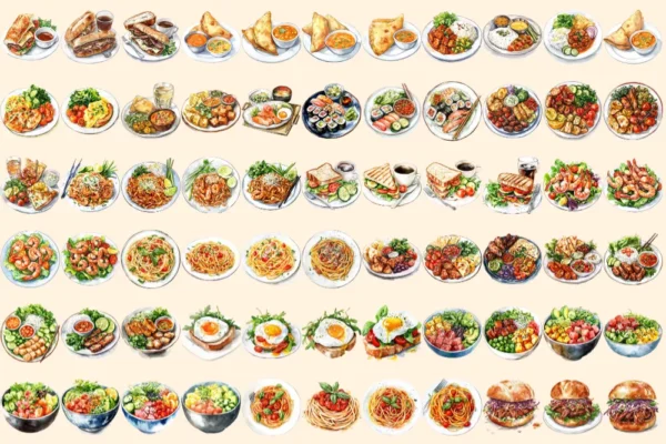 Lunch Foods Watercolor Clipart Bundle - 450+ transparent PNG, Midday feast graphics, Lunchtime meal images, Commercial use, Digital download