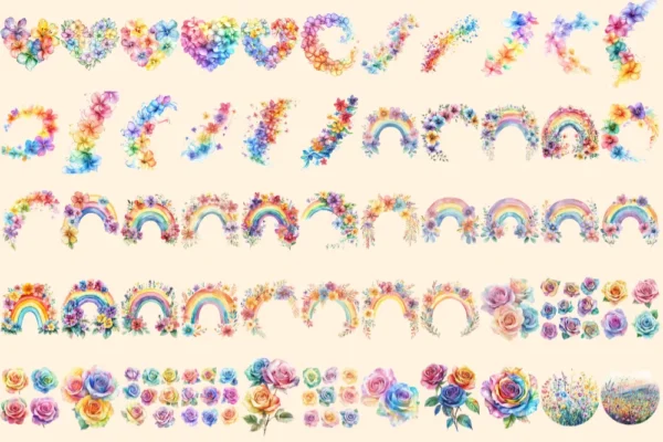 Rainbow Flowers Watercolor Clipart Bundle - 380+ transparent PNG, Vibrant flower graphics, Blossom png, Commercial use, Digital download