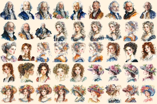 Baroque Era Watercolor Clipart Bundle - 288+ transparent PNG, Elegant baroque graphics, Historical images, Commercial use, Digital download